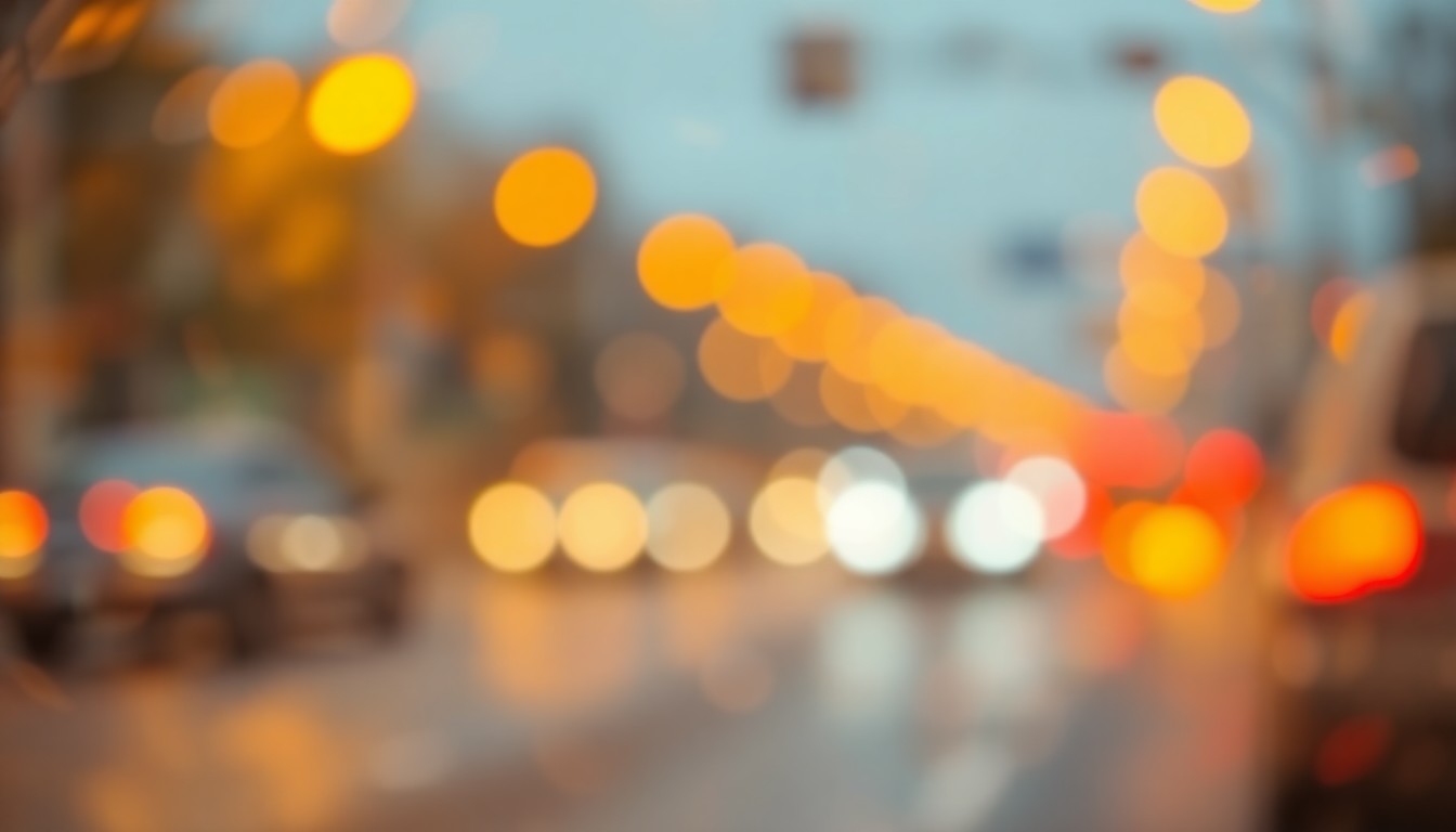 An abstract, impressionistic photograph of soft, blurred lights in shades of yellow, orange, and blue, conceptually representing the hazy, slow-moving traffic of a road work zone.