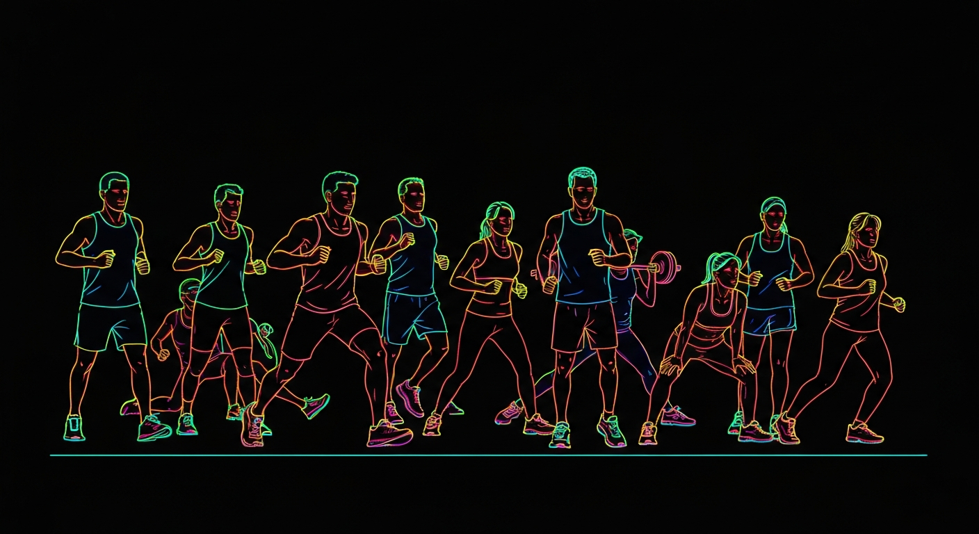 A dynamic illustration of people exercising, defined by glowing neon lines against a dark background, capturing the energetic spirit of a public fitness event.
