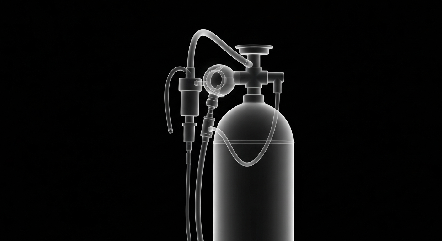A translucent X-ray image revealing the internal structure of medical equipment used in hospice care, conceptually illustrating the exploitation of vulnerable patients.