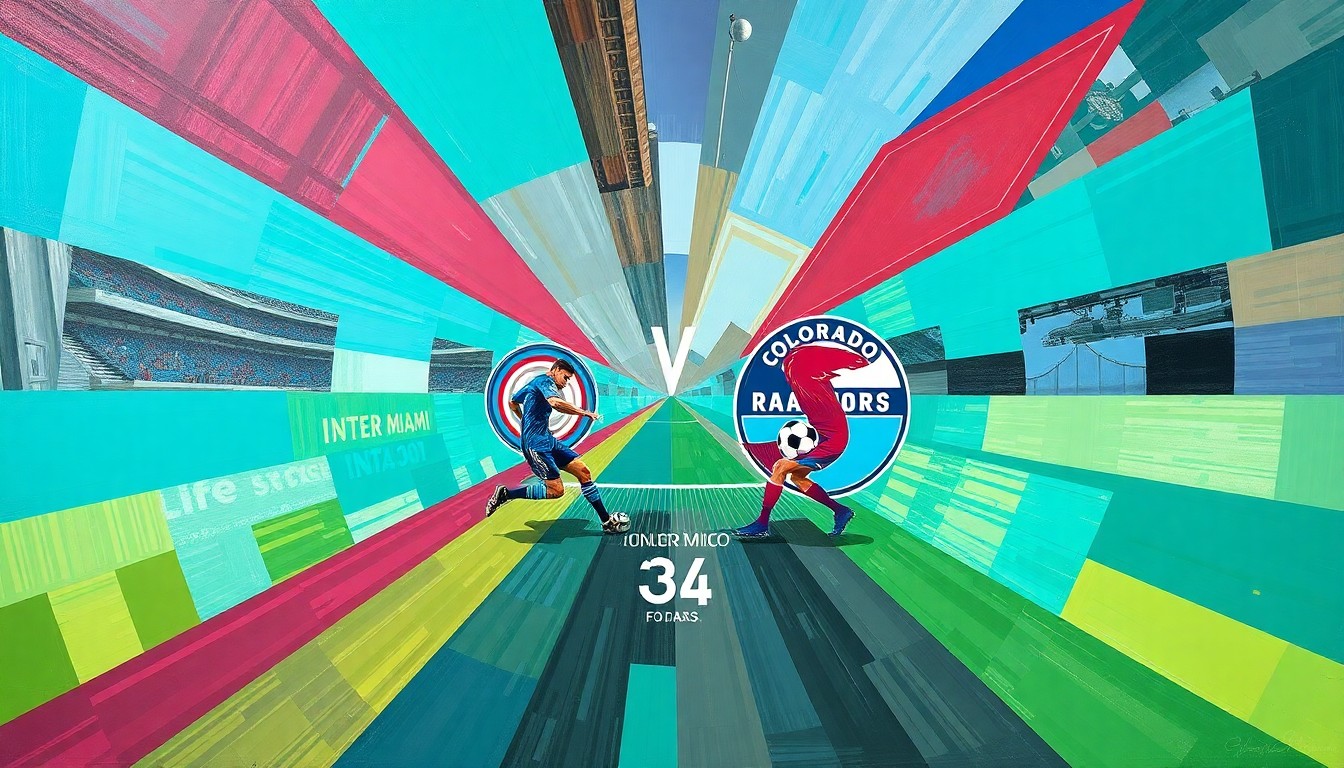 A cubist, geometric painting depicting the action of a soccer match between two teams, with the players and ball fragmented into sharp, overlapping shapes in a vibrant color palette.