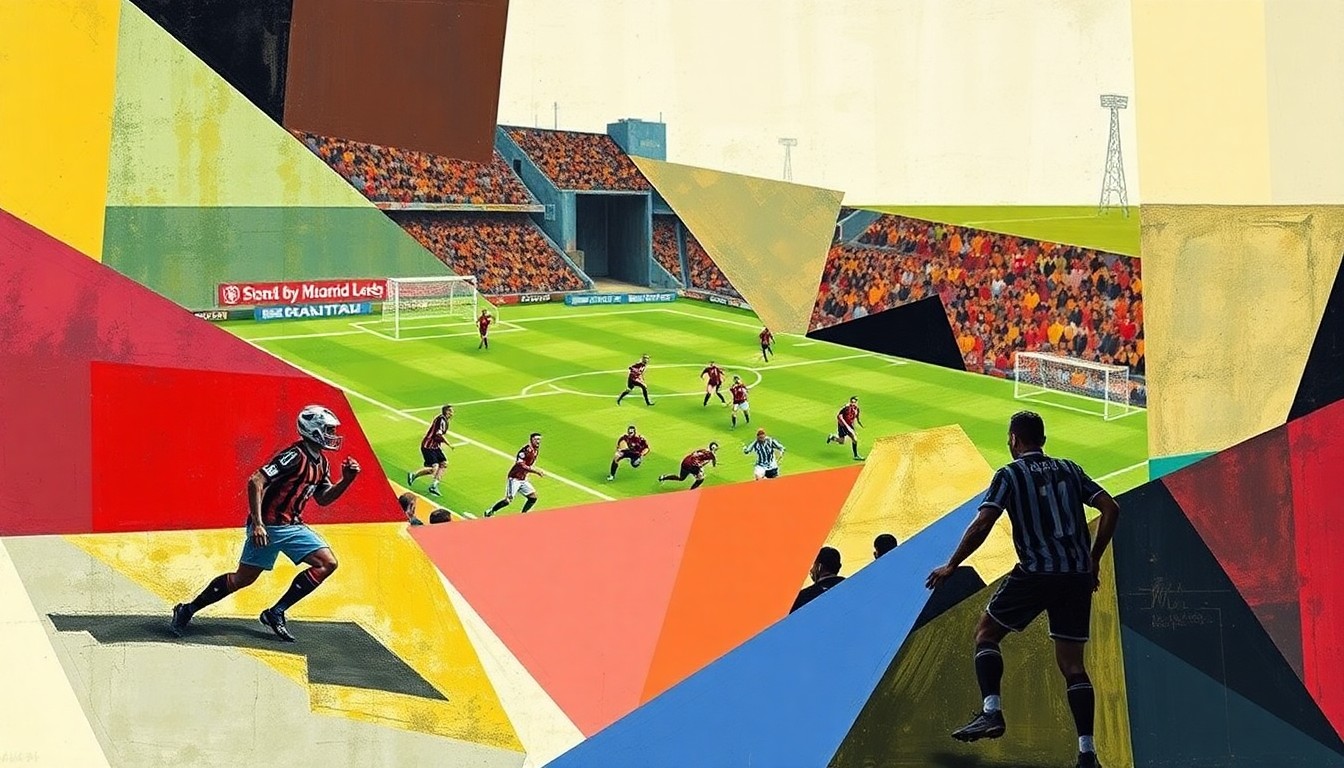 A fractured, multi-perspective painting in the style of Pablo Picasso, breaking down a football game or match into sharp, overlapping geometric planes of color, with players and field deconstructed into abstract shapes, conceptually representing the uncertainty surrounding the NFL Draft prospects of USC's top offensive players.