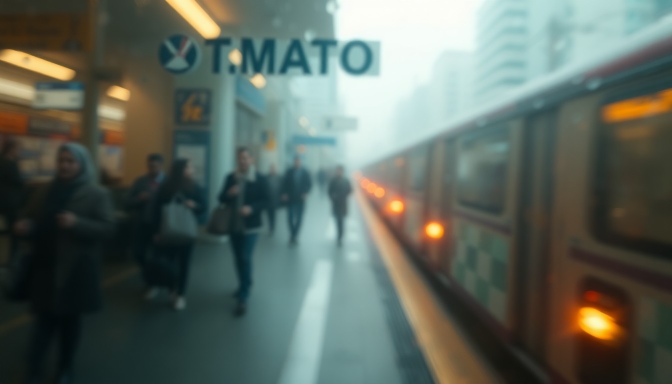 An abstract, impressionistic scene of a busy urban transit hub, with blurred shapes and muted colors suggesting the movement and energy of pedestrians and vehicles.