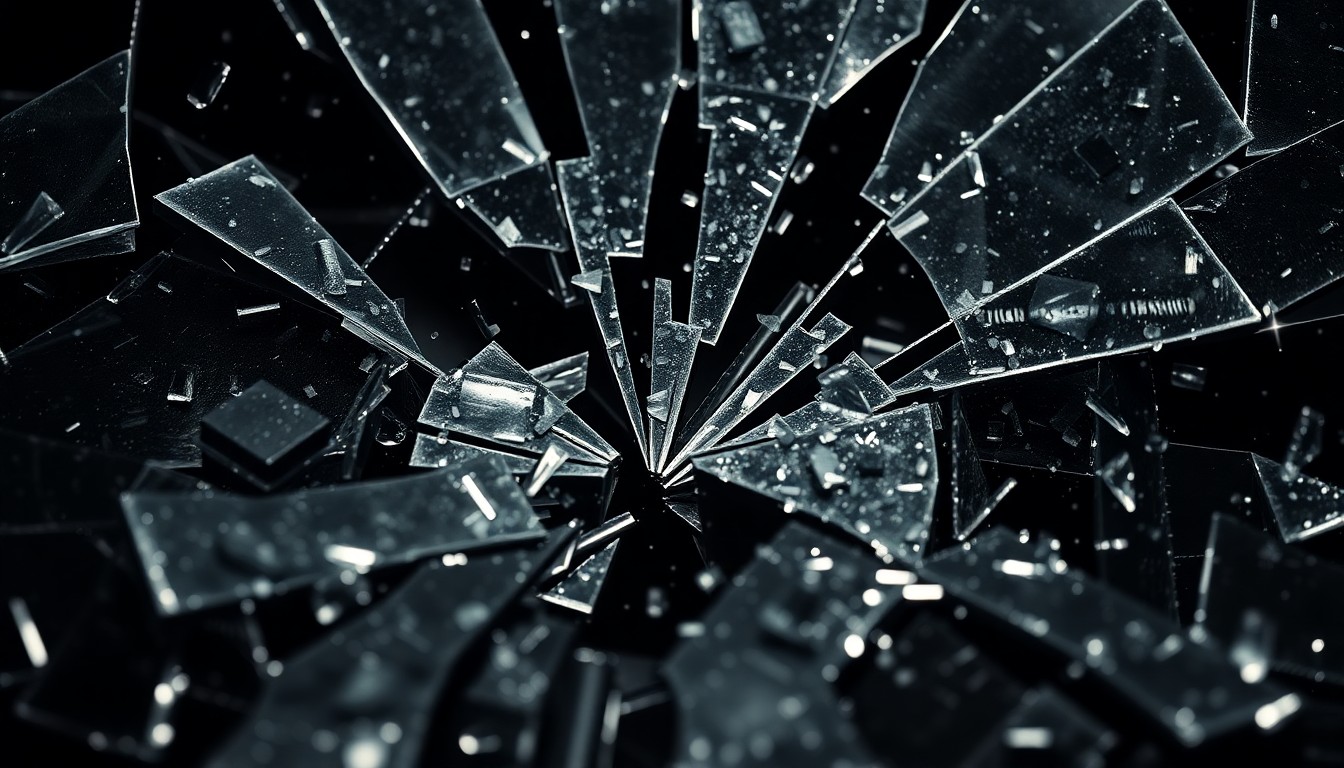 An abstract close-up image of shattered glass and twisted metal, capturing the gritty, high-stakes nature of the Punisher's vigilante crusade.