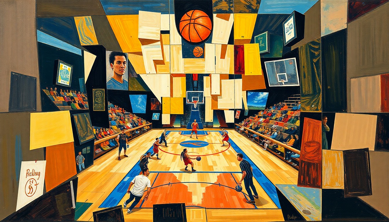 A fragmented, geometric painting depicting the motion and energy of a basketball game, with sharp lines and planes representing the action on the court.