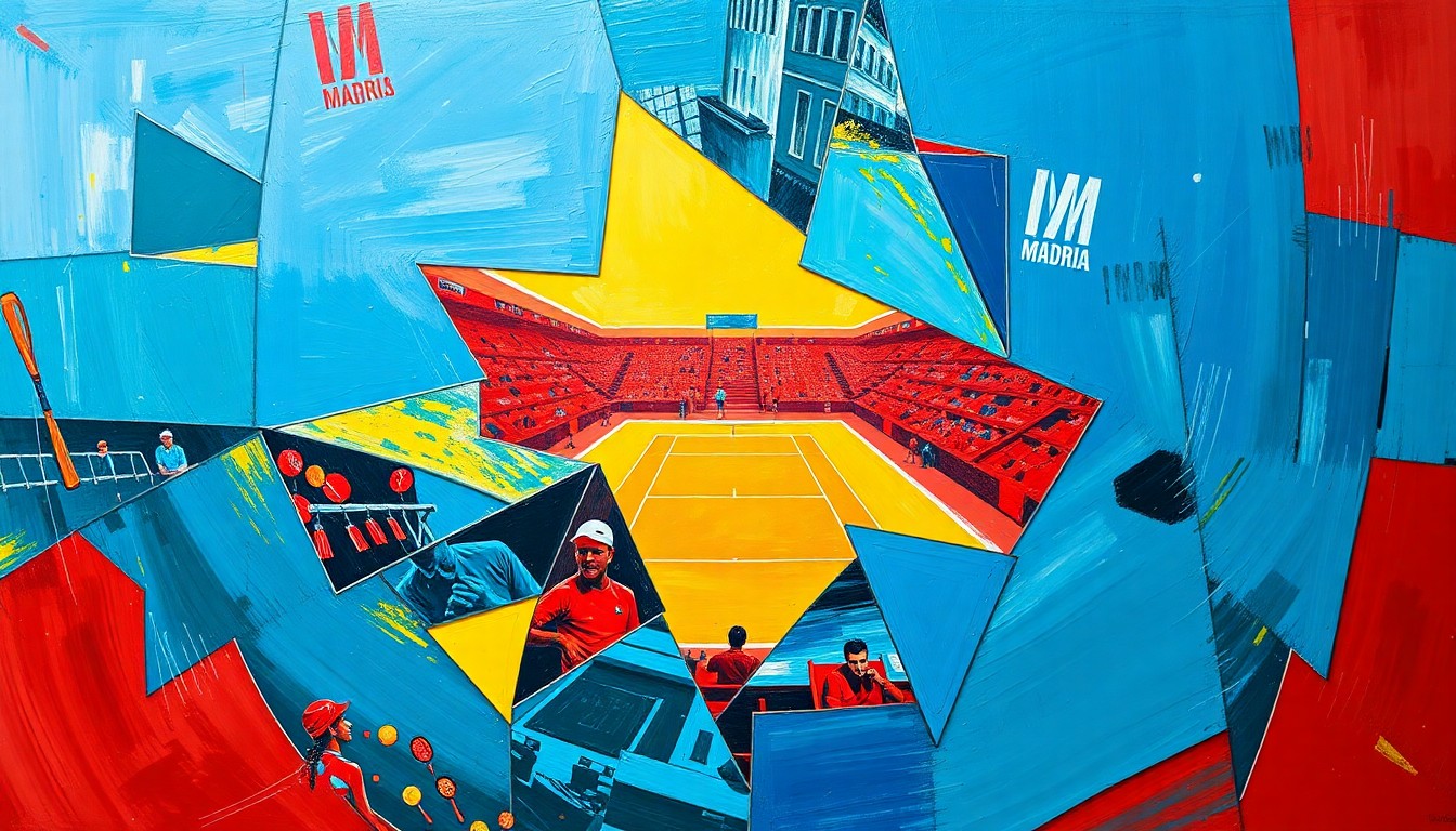 A cubist, geometric painting depicting a tennis match or competition, with sharp, overlapping planes of color representing the dynamic action and energy of the sport.