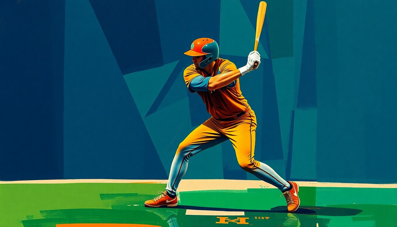 A fragmented, geometric painting depicting the deconstructed movements of a baseball catcher, rendered in a palette of navy, green, and orange, conveying the disconnect between the player's mechanics and his poor performance at the plate.