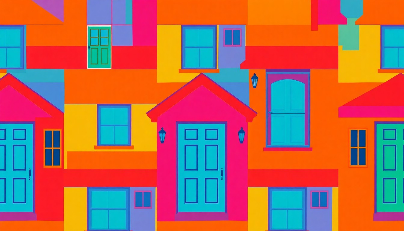 A high-contrast silkscreen print in neon pink, yellow, and blue hues depicting a repeating pattern of a single, iconic home exterior element like a front door or window frame, rendered in a bold, graphic style reminiscent of Andy Warhol's pop art.