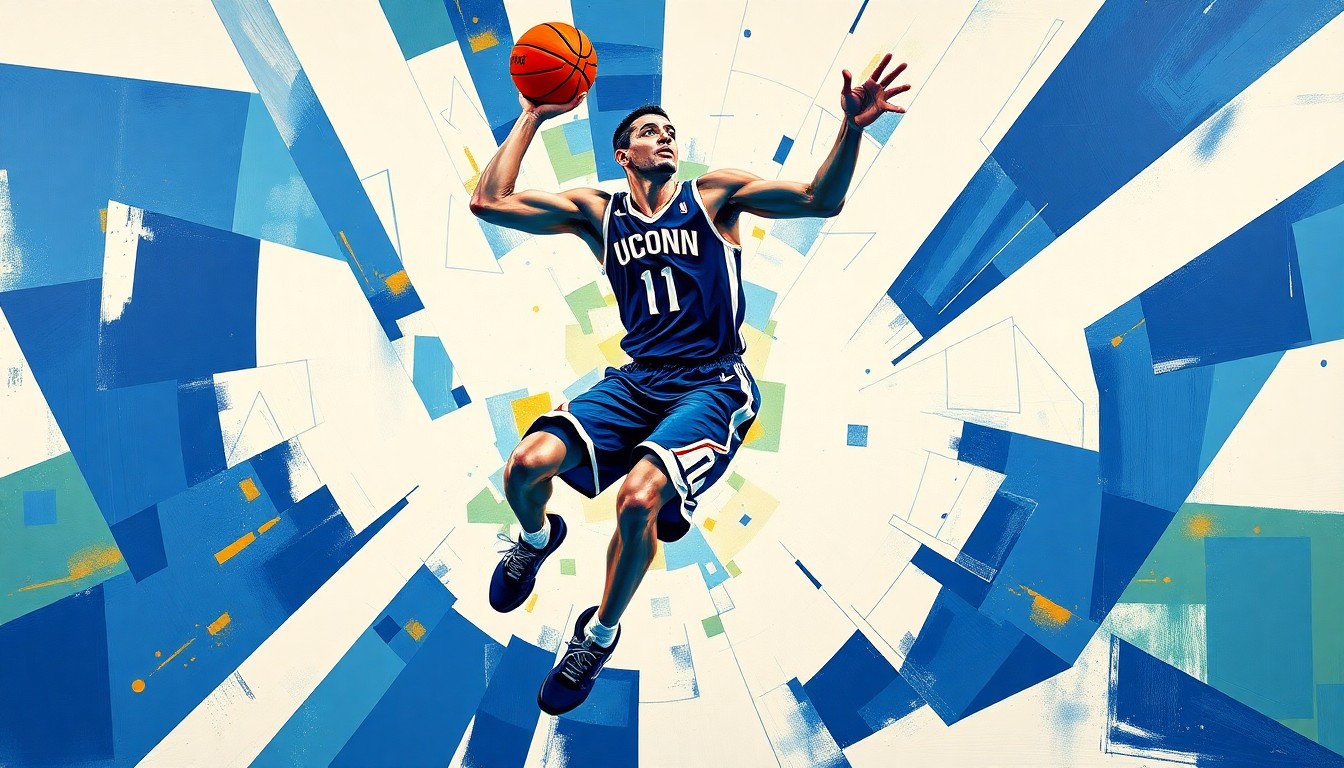A cubist, geometric painting depicting the fragmented movements and actions of a basketball player, rendered in vibrant shades of blue, white, green, and gold to represent the UConn Huskies.