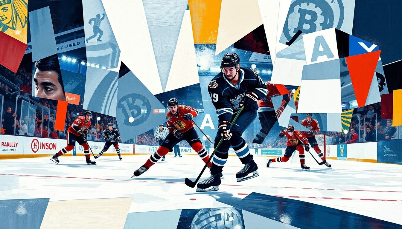 A fractured, multi-perspective painting in the style of Pablo Picasso, with sharp, overlapping geometric planes representing the raw energy and intensity of a playoff hockey game.