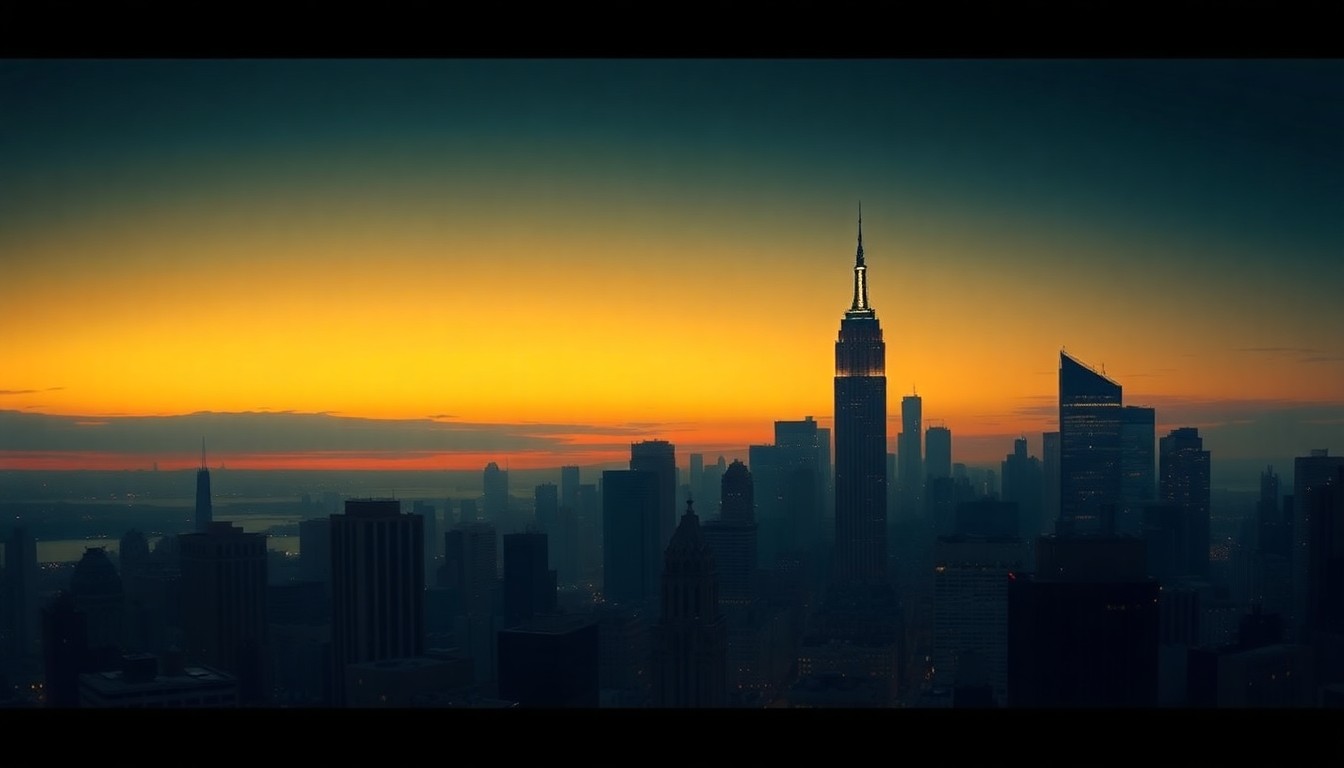 A serene, cinematic painting of the New York City skyline at dusk, with a single office window illuminated, casting a warm glow against the fading light and deep shadows, capturing the quiet contemplation of political leaders navigating the city's challenges.