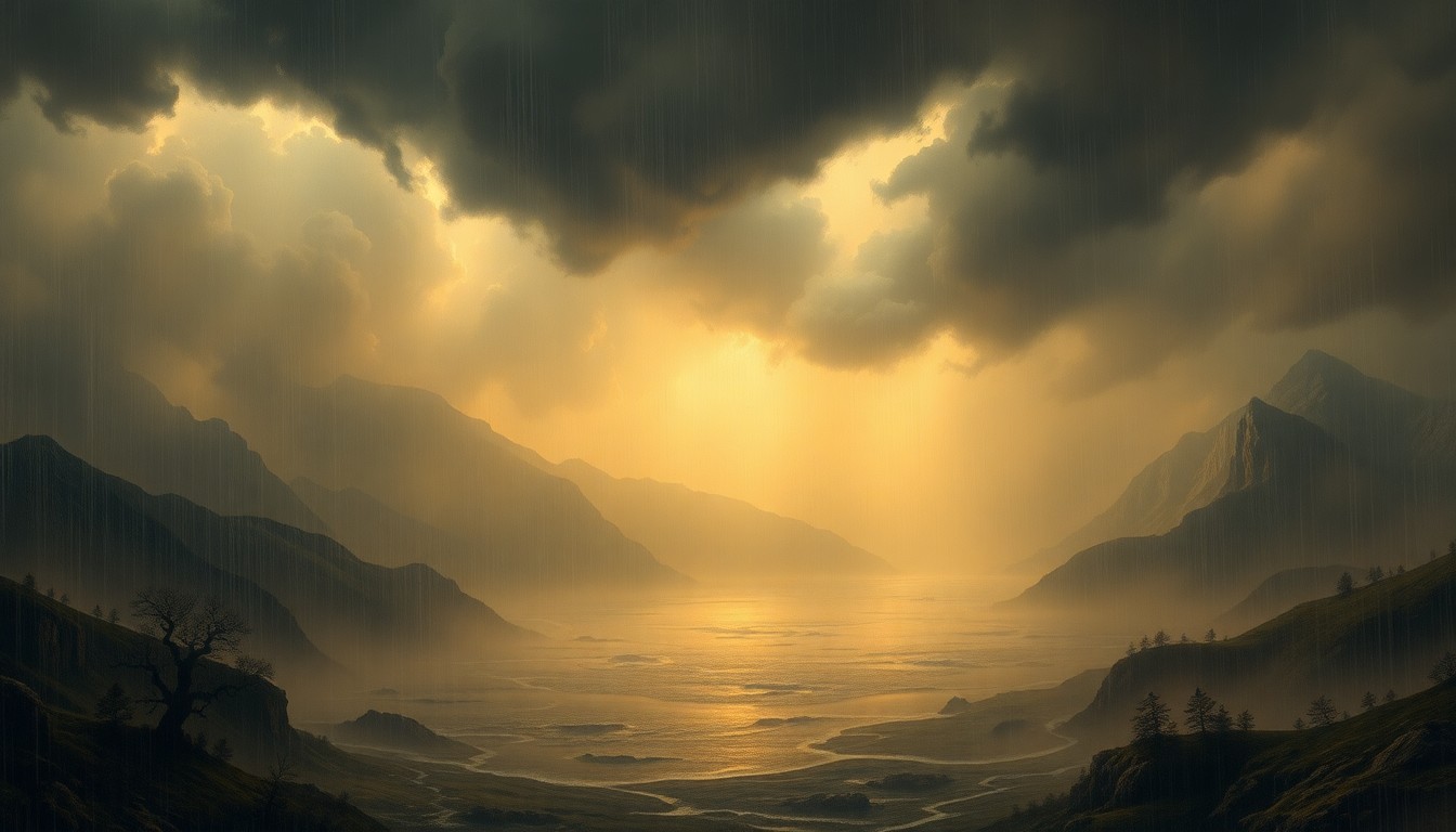 A sweeping, atmospheric landscape painting in muted tones of grey, blue, and green, depicting a vast, flooded expanse with only the faint outline of structures visible in the distance, conveying the overwhelming power of the recent extreme weather.