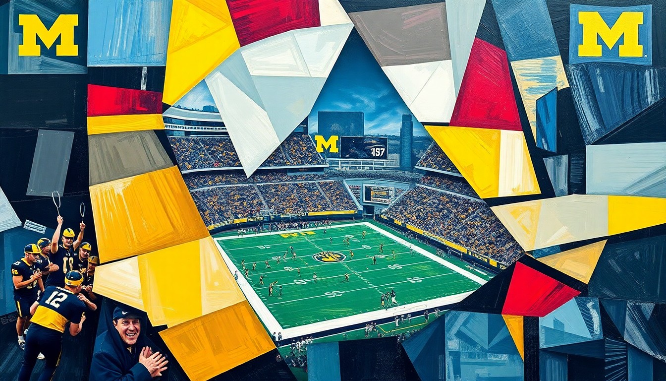 A cubist, geometric painting depicting a Michigan football game, with players and the field broken down into sharp, overlapping planes of color and shape.