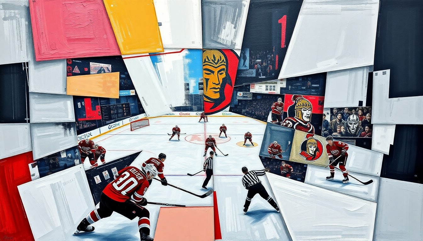 A cubist, geometric painting depicting a hockey game, with the players and action broken down into overlapping angular shapes and planes in a variety of bright colors.