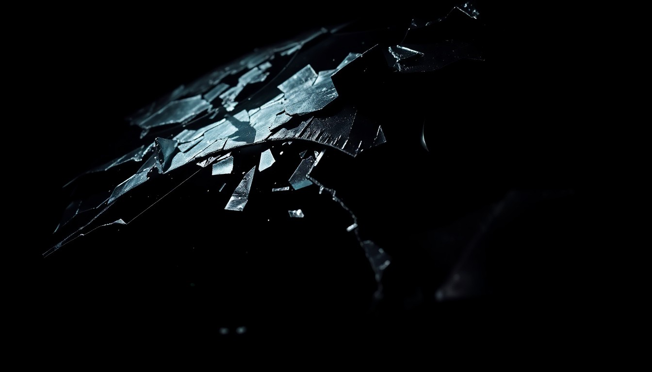 An extreme close-up photograph of a shattered car windshield, lit by a harsh, direct camera flash against a pitch-black background, conceptually illustrating the devastating impact of the deadly collision.