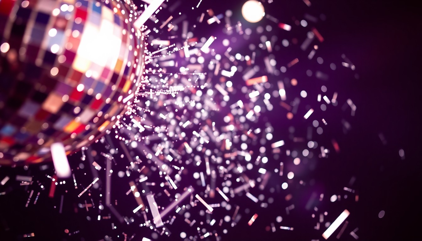 An abstract close-up photograph showing the reflective, glittering texture of shattered disco ball pieces under dramatic studio lighting, conveying the energy and excitement of a music festival performance.