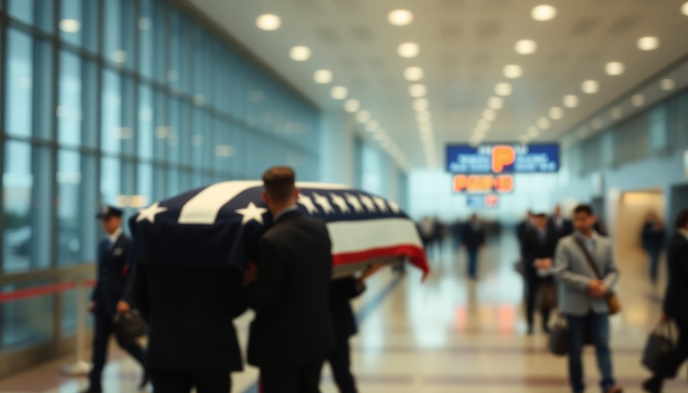 An extremely abstracted, out-of-focus photograph depicting the solemn transfer of a flag-draped casket by military pallbearers, conveying the reverence and weight of history surrounding the homecoming of a fallen WWII soldier.