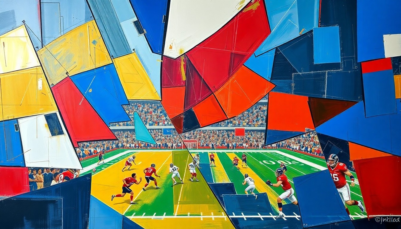 A cubist, geometric painting depicting a fragmented football game, with sharp planes of blue, red, and gold overlapping to create a dynamic, abstract scene.