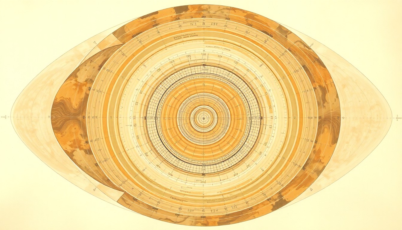 A highly structured abstract painting in muted earth tones, featuring sweeping geometric arcs, concentric circles, and precise spirals, conceptually representing the complex scientific forces and unsolved mysteries surrounding unidentified aerial phenomena.