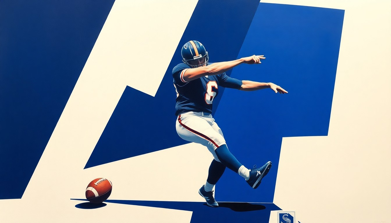 A fragmented, geometric painting depicting the various angles and movements of a football punter in action, rendered in a cubist style with sharp planes of navy blue, royal blue, and white.
