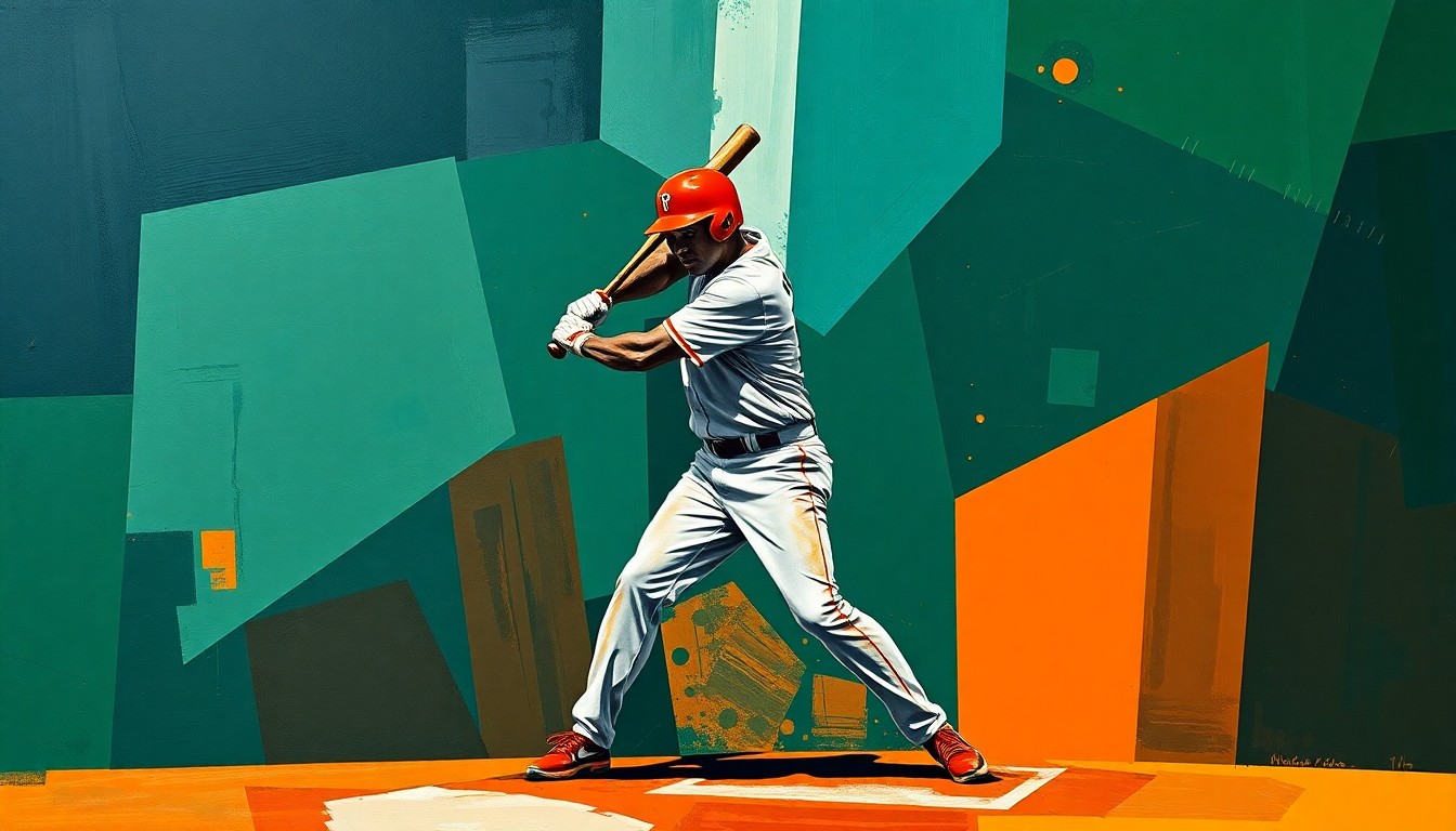 A fractured, geometric painting depicting the deconstructed elements of a baseball player's batting stance and swing, with sharp, overlapping planes of color representing the fragmented nature of the player's early-season struggles.