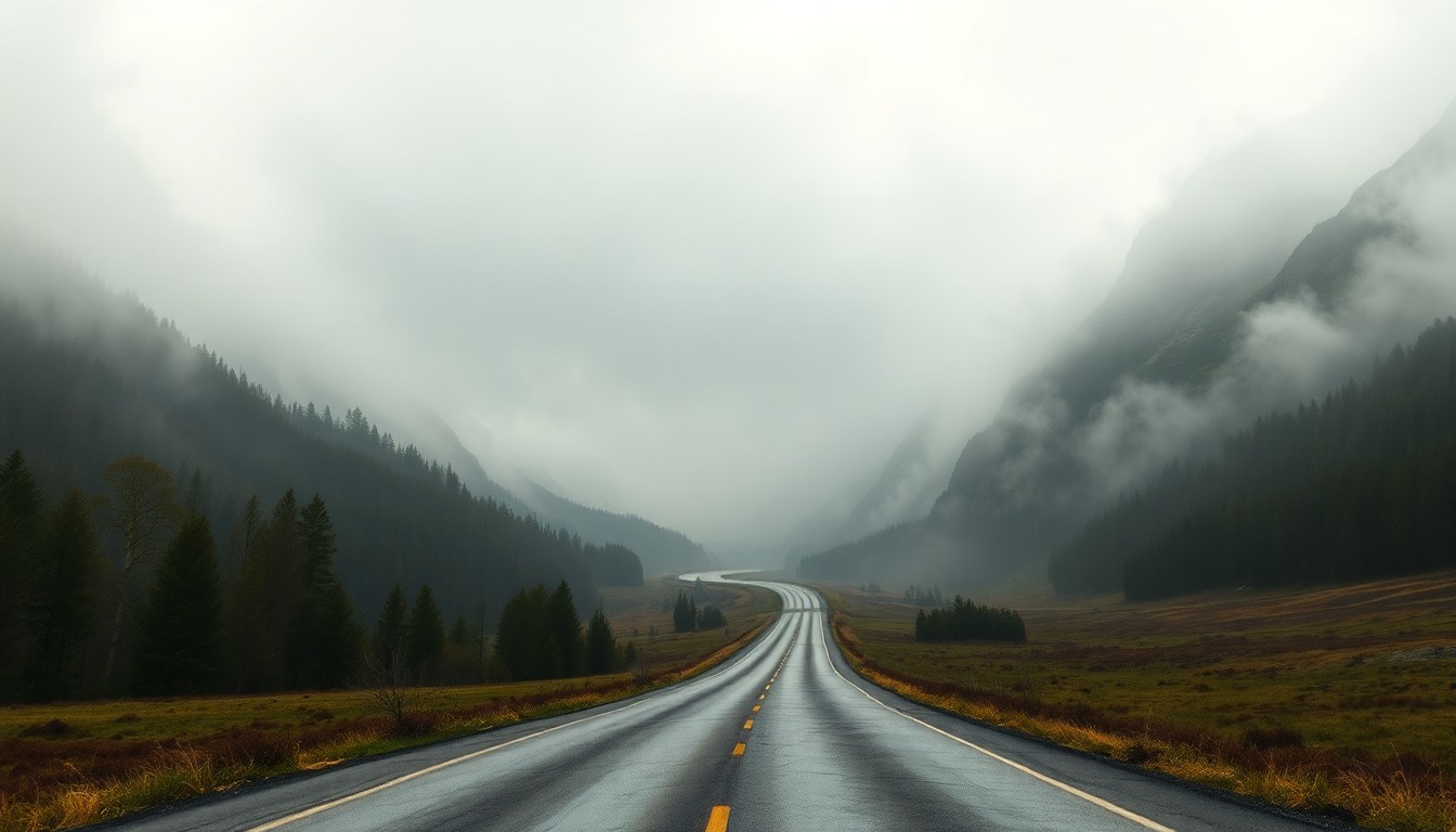 A sweeping, atmospheric landscape painting in muted tones of grey, blue, and green, depicting an empty highway winding through a vast, fog-shrouded natural setting, conveying the overwhelming scale of the natural world compared to the human-built environment.