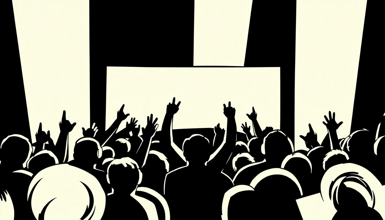 An abstract, minimalist illustration composed of bold, jagged black shapes against a stark white background, conceptually representing the excitement and community of a record store celebration.