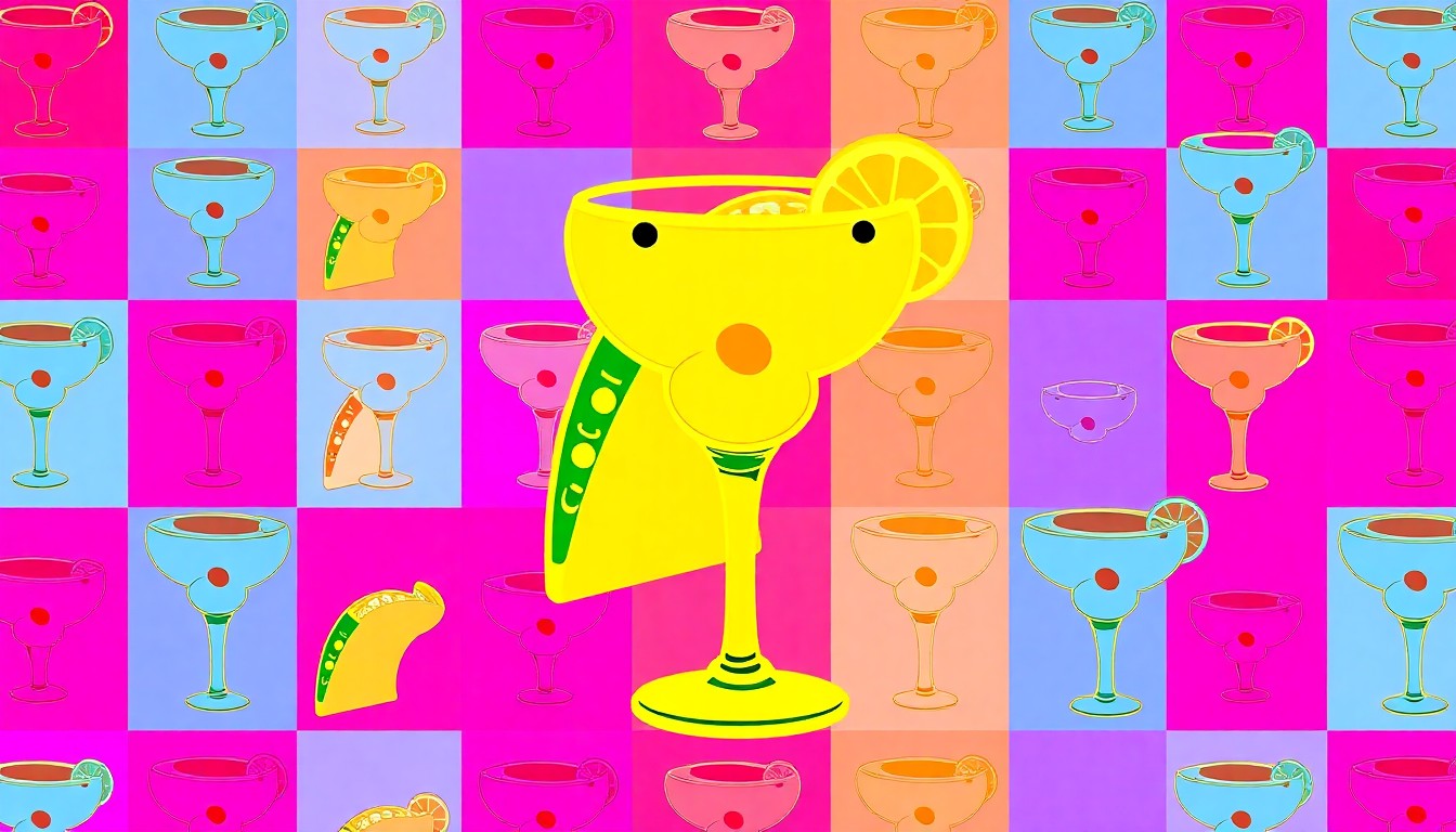 A high-contrast, brightly colored silkscreen print depicting a repeated grid pattern of a single iconic Mexican food item, such as a taco or margarita glass, conceptually representing the vibrant and innovative dining scene in San Antonio.