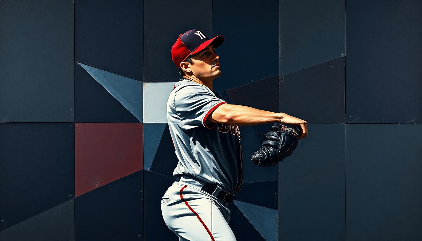 A fractured, cubist-style painting depicting the overlapping geometric forms of a baseball pitcher's windup and delivery, rendered in a dark, moody color palette that evokes the high-stakes decision the Twins face in pursuing this trade.