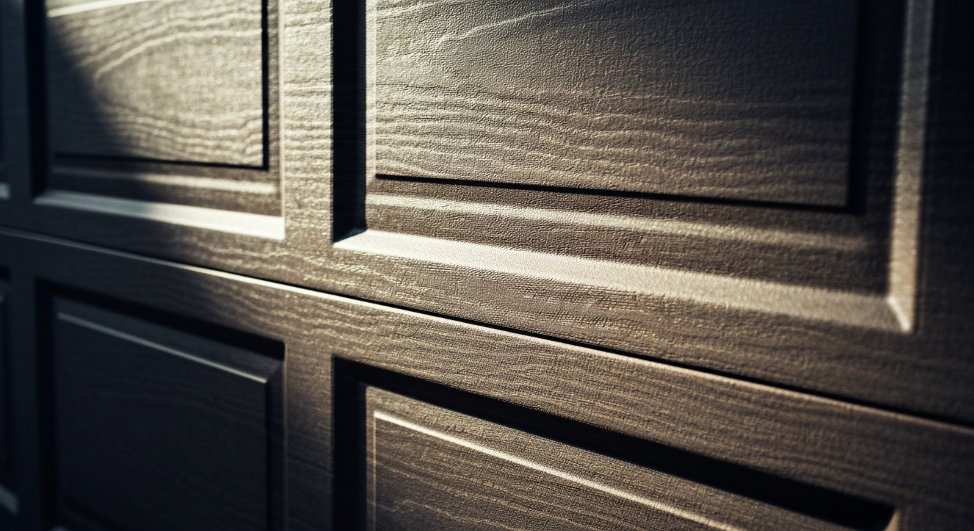 An extreme close-up of a garage door panel's textured, metallic surface, conveying the high-quality materials and construction used by Aladdin Doors in their garage door installations and repairs.