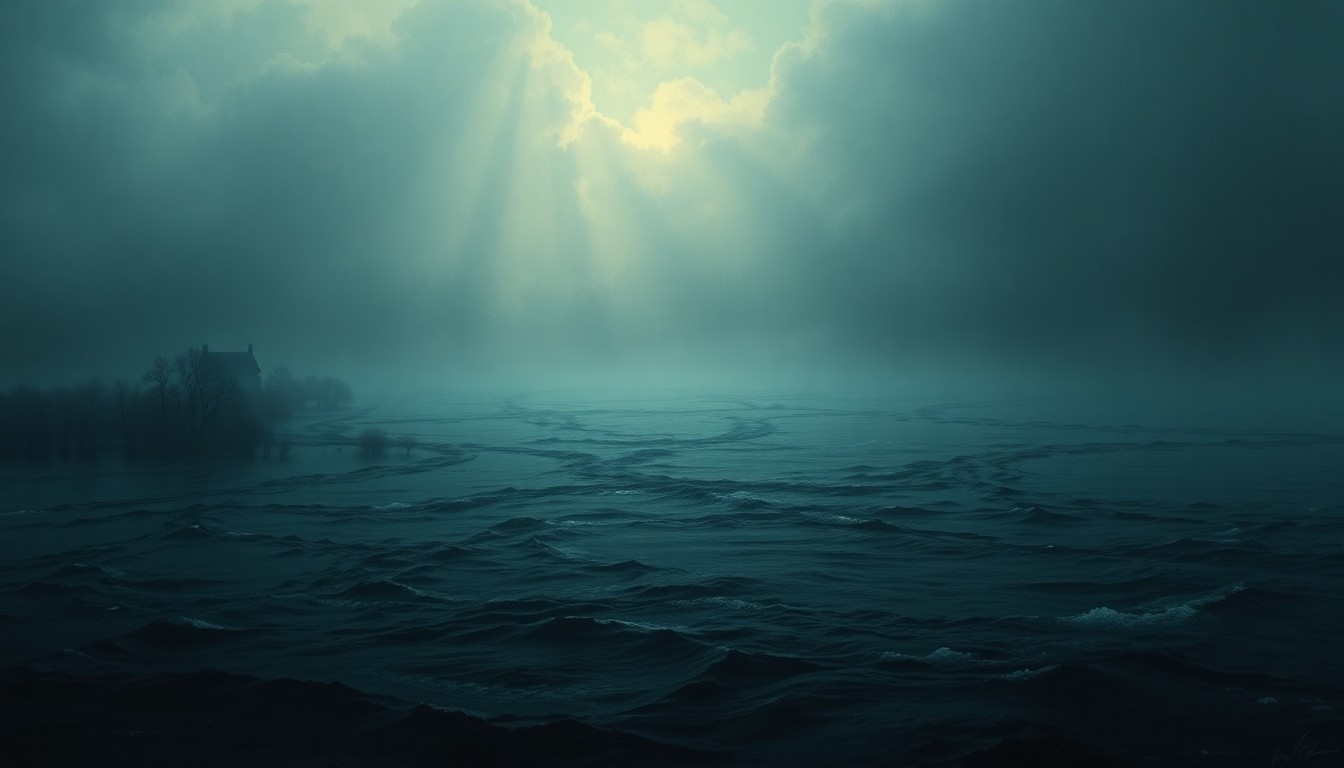 A vast, atmospheric landscape painting depicting a flooded rural area, with a distant farmhouse or structure partially obscured by the expansive, turbulent floodwaters that dominate the scene, conveying the overwhelming scale and power of the natural disaster.