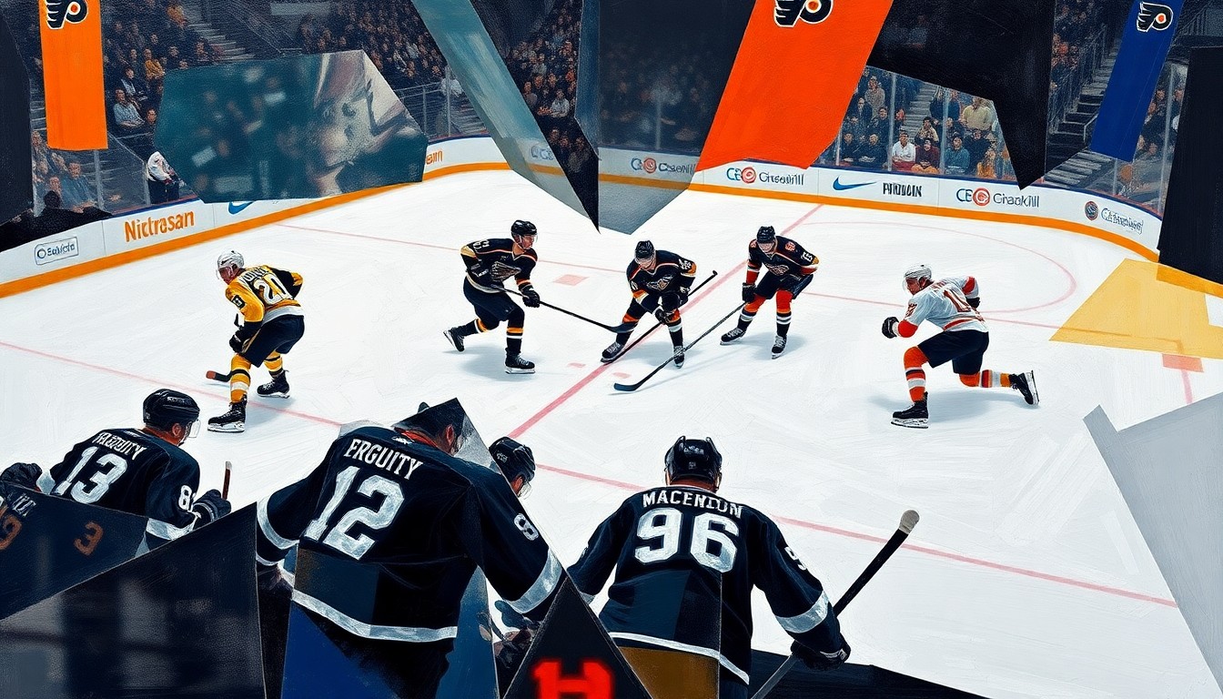 A cubist, geometric painting depicting the intense action and rivalry of a hockey game between the Pittsburgh Penguins and Philadelphia Flyers, with the players' movements and the energy of the matchup expressed through the fragmented, angular composition.