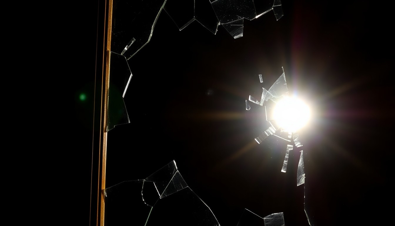 An extreme close-up photograph of a broken window frame, with shards of glass reflecting a harsh, direct camera flash against a pitch-black background, conceptually representing the violence and trauma of a child being thrown from a second-story window.