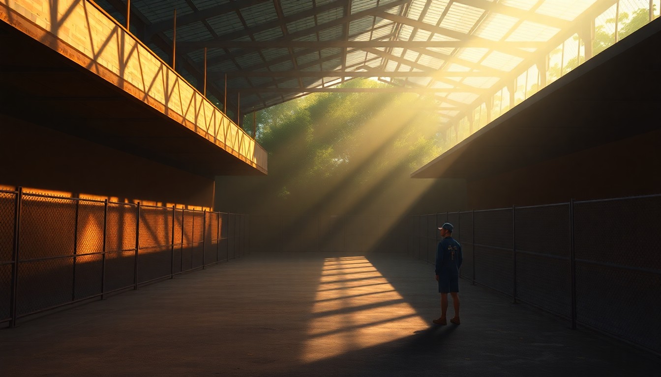 A serene, cinematic painting of an empty zoo enclosure bathed in warm, golden light, with a lone zookeeper standing in the foreground, conveying a sense of anticipation and uncertainty about the future.