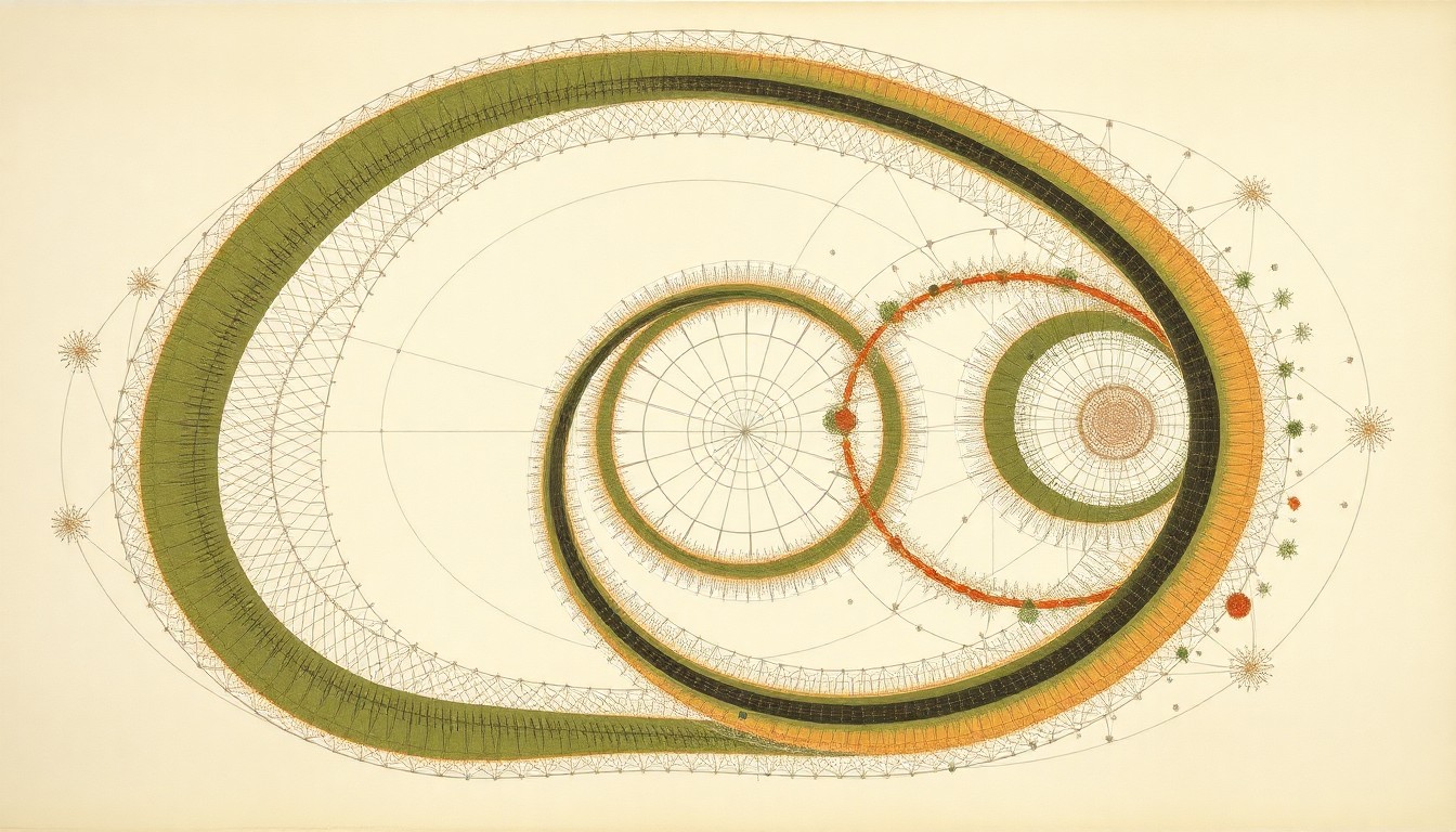 A highly structured abstract painting in muted earth tones, featuring sweeping geometric shapes, concentric circles, and precise botanical spirals, visualizing the complex genetic and ecological forces at play in the California nutria infestation.