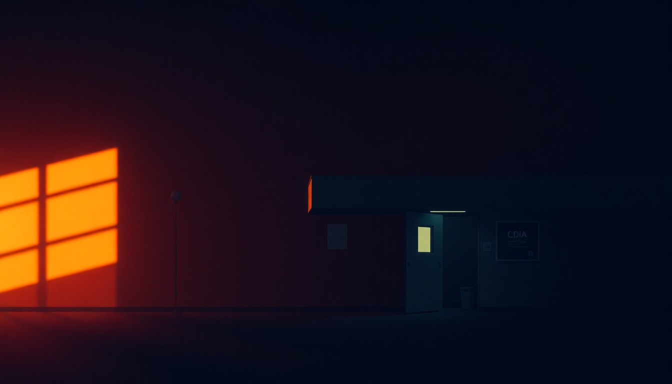 A serene, cinematic painting depicting the exterior of a CDC building or medical equipment, with warm sunlight casting long shadows across the scene, conveying a sense of quiet contemplation and stability in the face of recent turmoil.