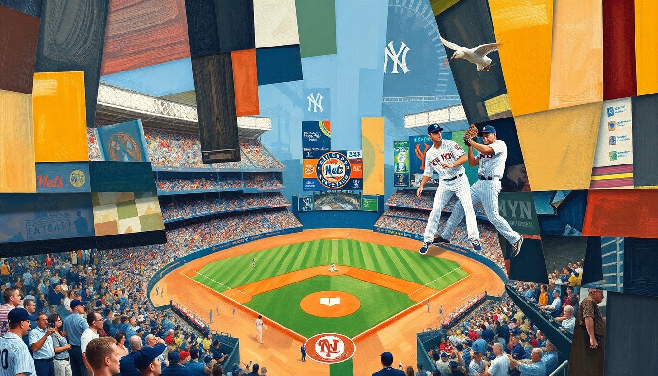 A fragmented, geometric painting depicting a baseball game or match between the New York Mets and New York Yankees, with the players and field broken down into sharp, overlapping planes of color and shape, conveying the conceptual tension and division surrounding sports and politics.
