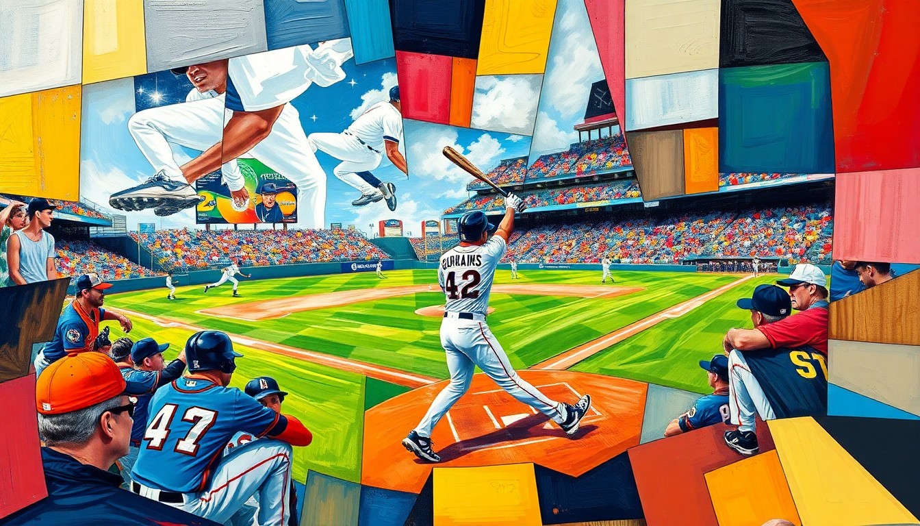 A fractured, multi-perspective painting depicting the dynamic action of a Guardians baseball game, with the players and field broken down into sharp, overlapping geometric shapes in a vibrant color palette.