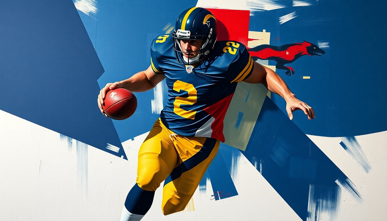 A fractured, geometric painting depicting the silhouette of a football player in mid-motion, with sharp planes of navy blue, gold, and crimson red capturing the raw energy and movement of the sport.