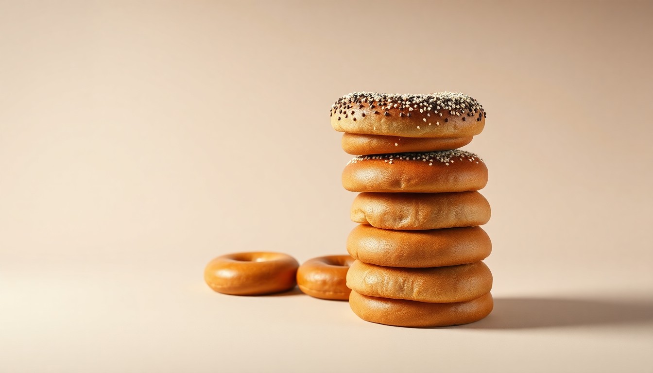 A high-end, photorealistic studio still-life photograph featuring a stack of freshly baked, hand-rolled bagels in various flavors arranged elegantly on a clean, monochromatic background, conceptually representing the premium quality and craftsmanship of The Lox's products.