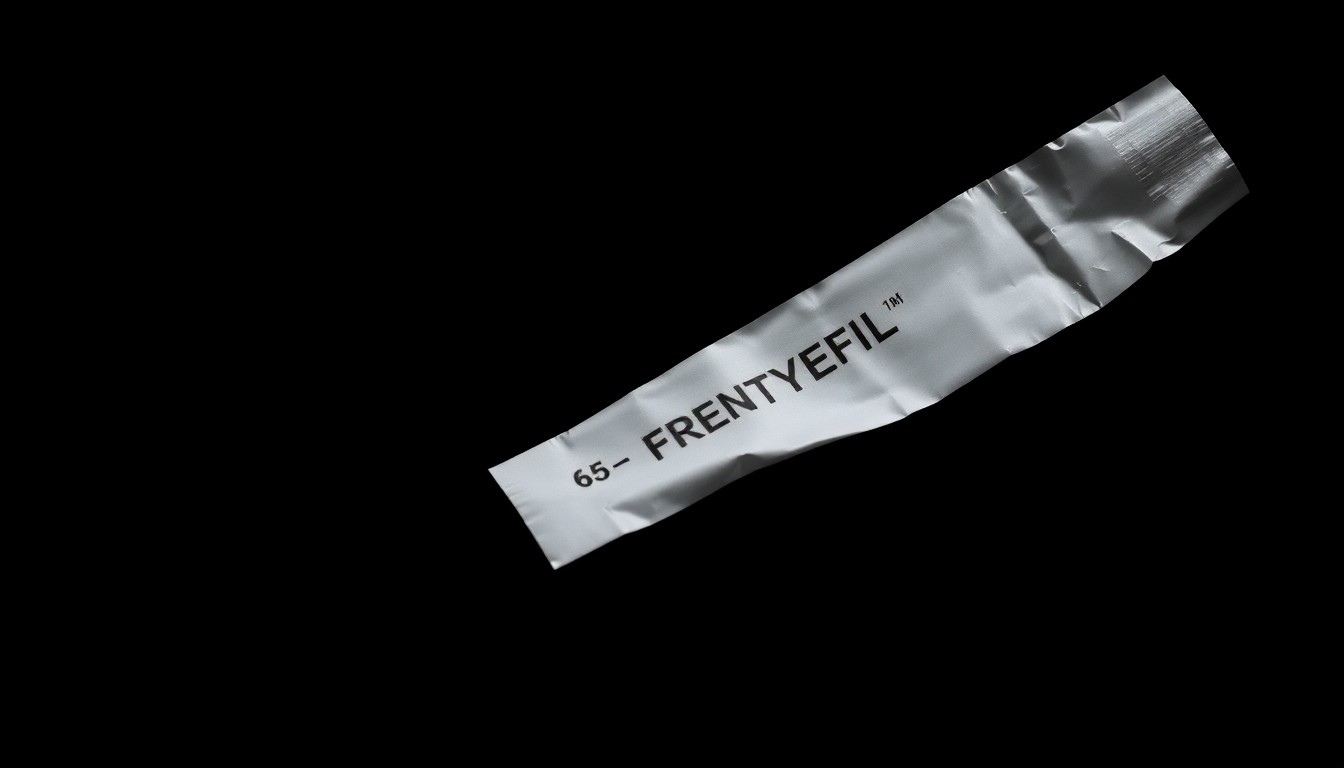 An extreme close-up photograph of a used fentanyl foil against a pitch-black background, capturing the stark, gritty reality of the drug problem in Seattle's public spaces.