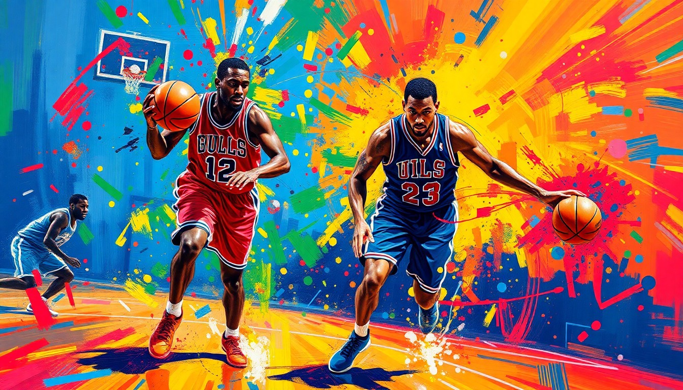 An abstract, expressionist painting in vibrant neon colors depicting the dynamic movements of two basketball players on a court, their forms dissolving into energetic brushstrokes.
