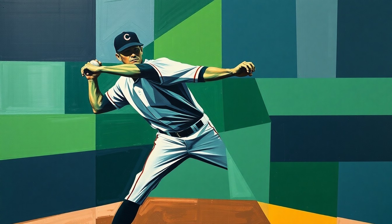 A fragmented, cubist-style painting depicting a baseball pitcher's delivery broken down into sharp, geometric shapes in shades of blue, green, and grey, conveying the idea of overcoming adverse weather conditions.