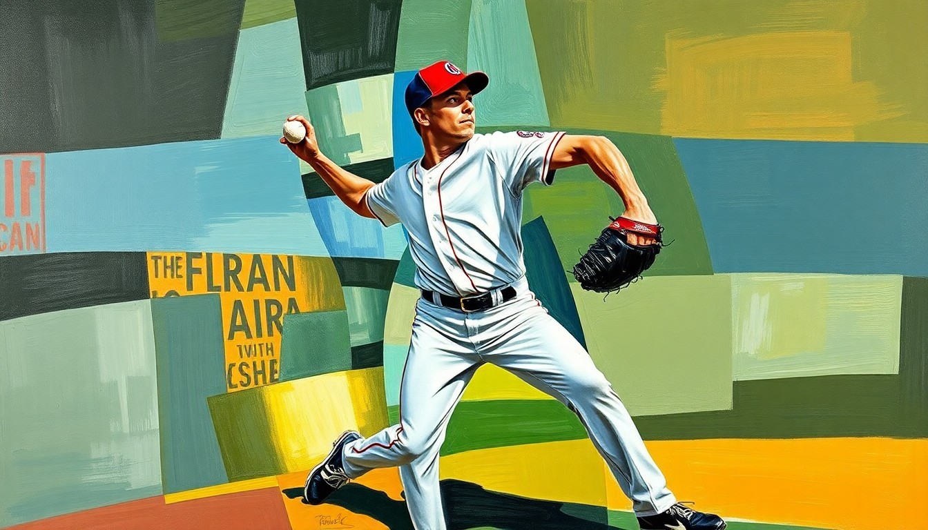 A fragmented, geometric painting depicting the delivery of a baseball pitcher, with sharp, overlapping planes of color and form representing the dynamic action of the game.