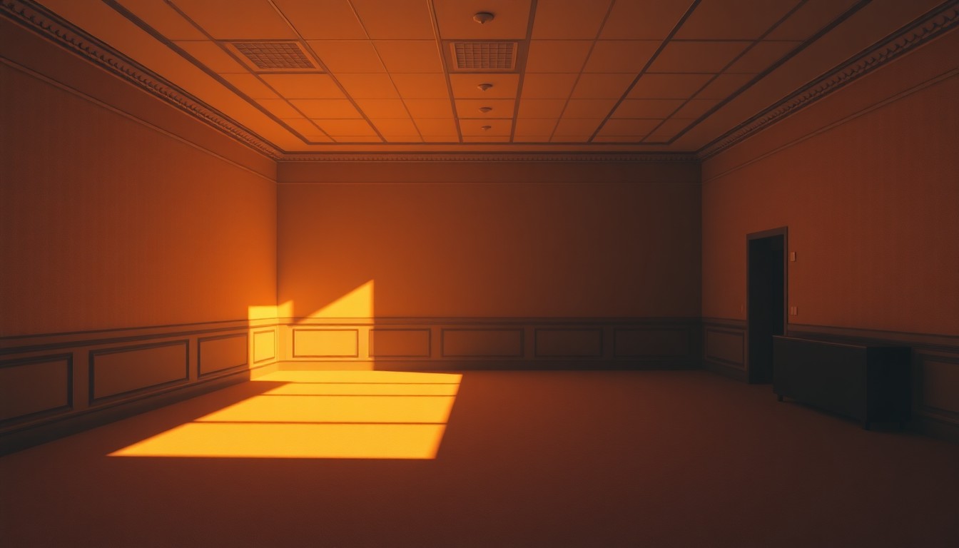 A dimly lit, cinematic government office space with empty desks and chairs, the only light coming from warm diagonal sunbeams through the windows, conceptually representing the political gridlock over New York's affordability challenges.