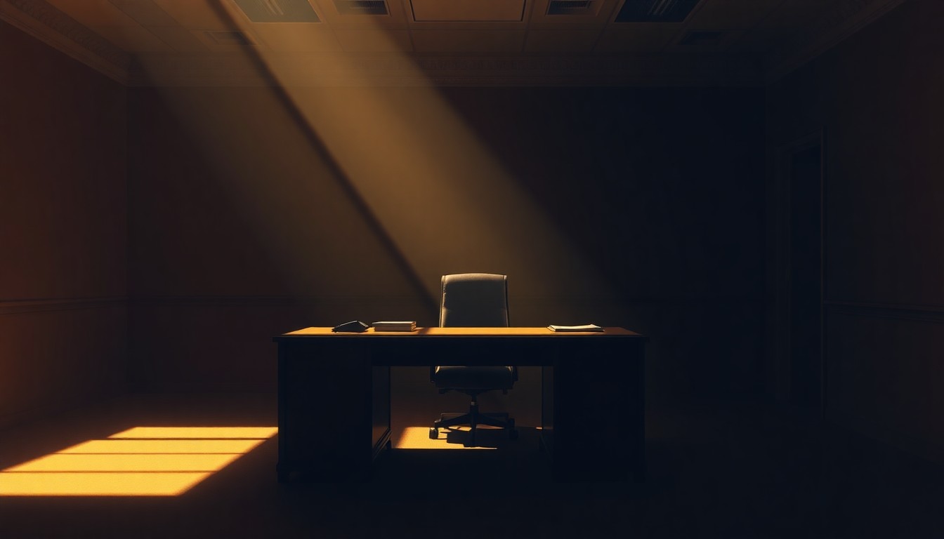 A dimly lit government office desk in warm, diagonal sunlight and deep shadows, conveying a sense of quiet contemplation and integrity.