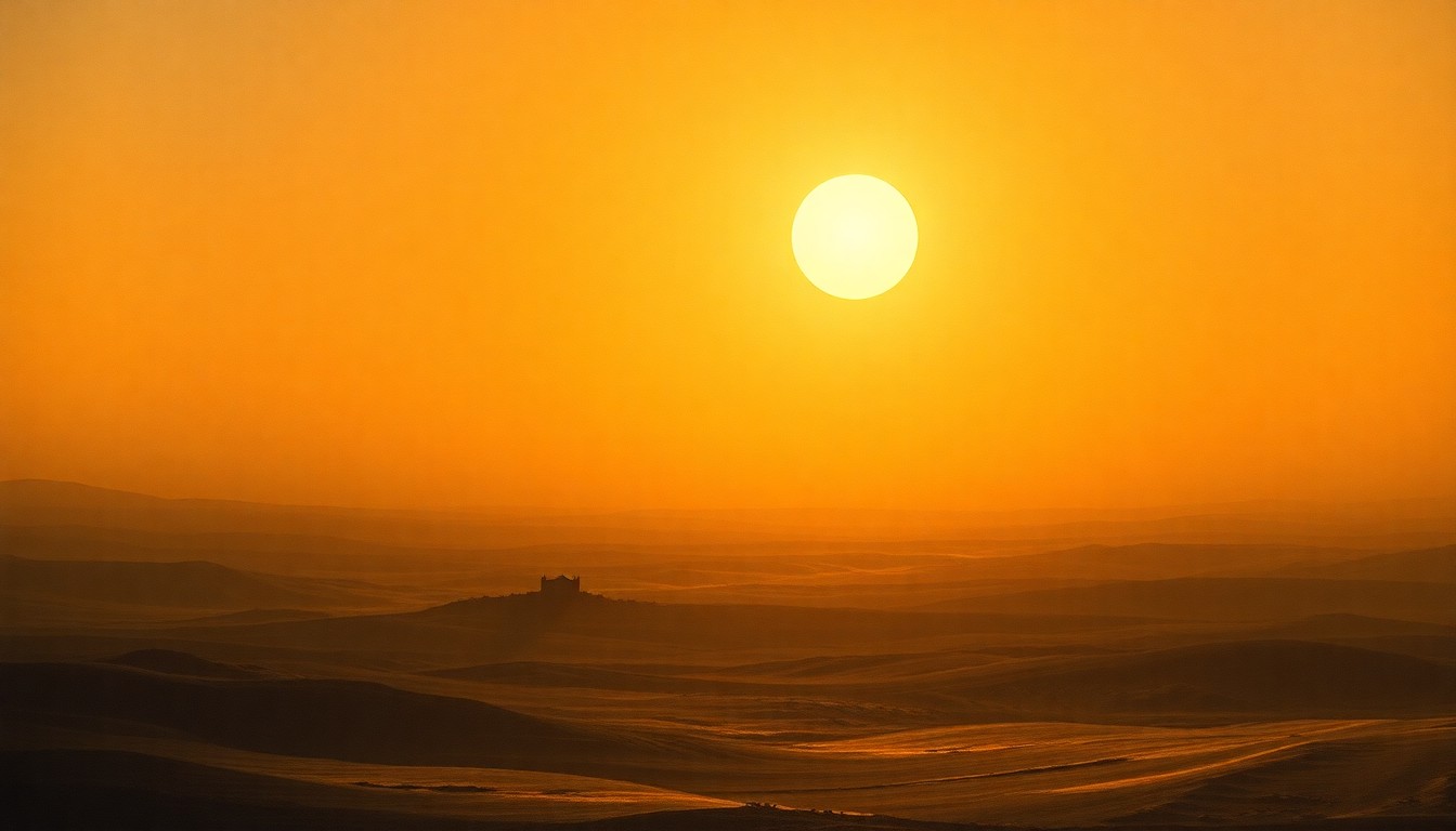 A sweeping, atmospheric landscape painting in muted earth tones, with a distant structure barely visible through the hazy, oppressive heat, conveying the overwhelming scale and force of the natural environment.