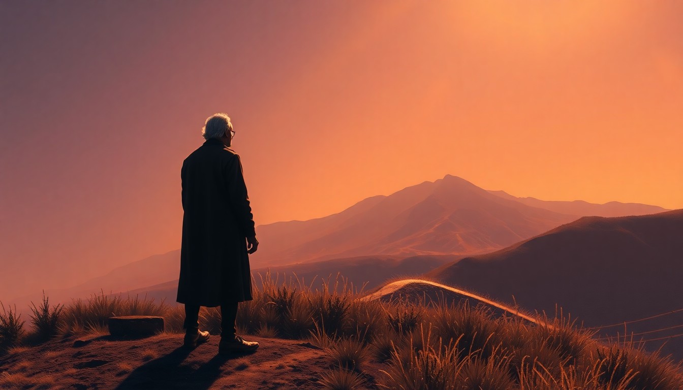 A cinematic painting depicting a solitary Kumeyaay elder standing on a hilltop overlooking the Kuchamaa Mountain, the scene bathed in warm, diagonal sunlight and deep shadows, conceptually illustrating the cultural and spiritual significance of the sacred site.