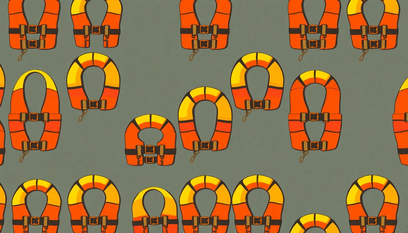 A high-contrast, brightly colored silkscreen print depicting a Titanic life jacket repeated in a tight grid pattern, conveying the iconic nature of this artifact from the infamous disaster.