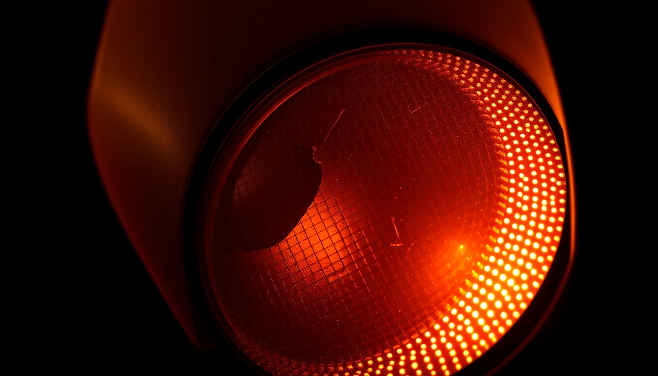 An extreme close-up photograph of a cracked and shattered traffic signal lens, capturing the harsh, gritty aftermath of a pedestrian accident.
