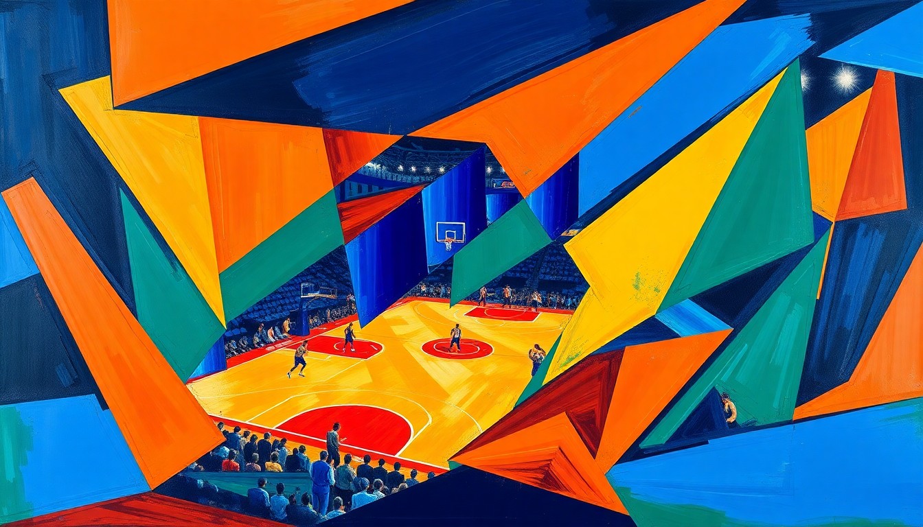 A cubist, geometric painting depicting a basketball game or match, with sharp, overlapping planes of color representing the dynamic action on the court.